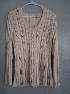 Tabi Vintage Cream Cable Knit V-Neck Sweater 100% Cotton XS